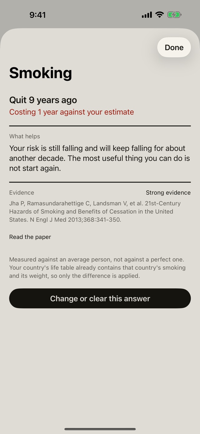The Smoking factor sheet: quit nine years ago, costing one year, what helps, a strong evidence grade and the full citation to the 2013 New England Journal of Medicine study.