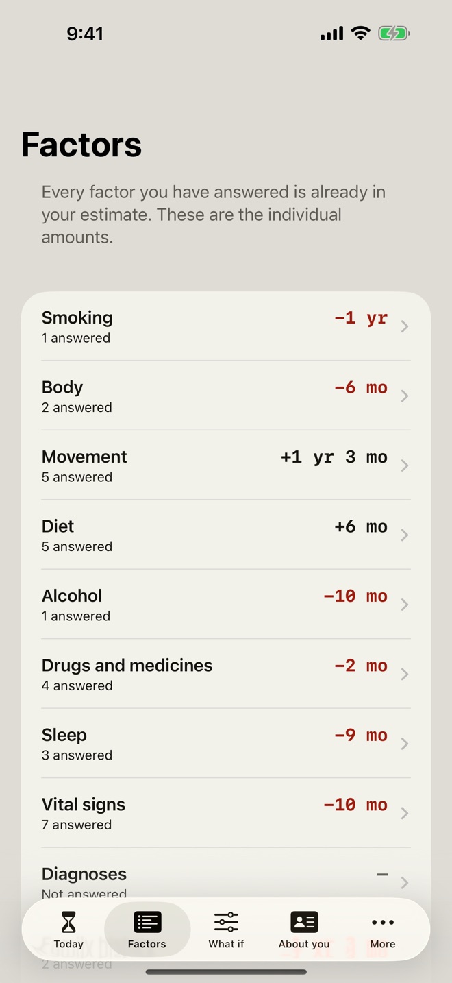 The Factors screen listing how many years each category of your life is worth.